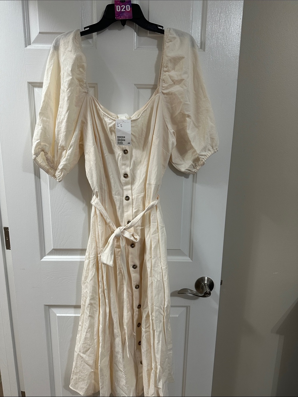 H&M Cream Button-Front Midi Dress with Puff Sleeves
